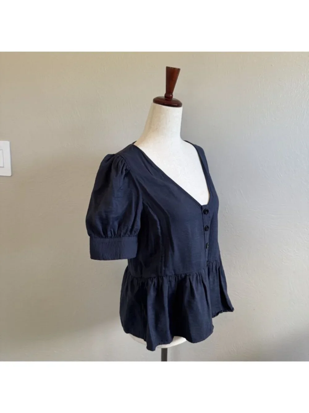 Madewell V-Neck Button-Front Peplum Top Short Puff Sleeve Blouse Blue Size S